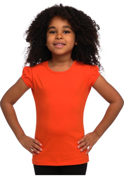 Turuncu Basic Kız Çocuk Sıfır Yaka Karpuz Kol Tişört