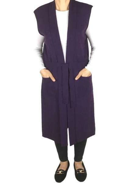 Kadın Beli Kuşaklı Cepli Uzun Standart Beden Triko Yelek