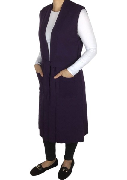 Kadın Beli Kuşaklı Cepli Uzun Standart Beden Triko Yelek fiyatları