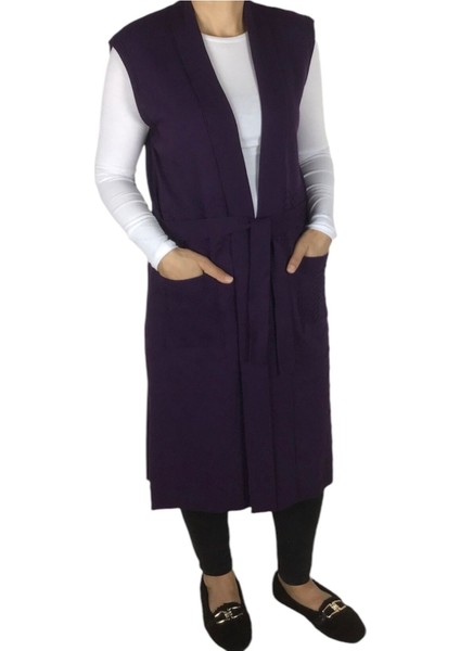 Kadın Beli Kuşaklı Cepli Uzun Standart Beden Triko Yelek modelleri