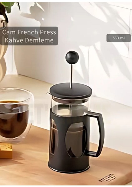 Cam French Press Kahve Demleme Paslanmaz Iç Yapı Siyah 350 ml