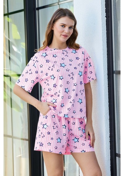 Aydoğan Kadın Yıldız Desenli %100 Pamuk Pembe Şort Pijama Takımı