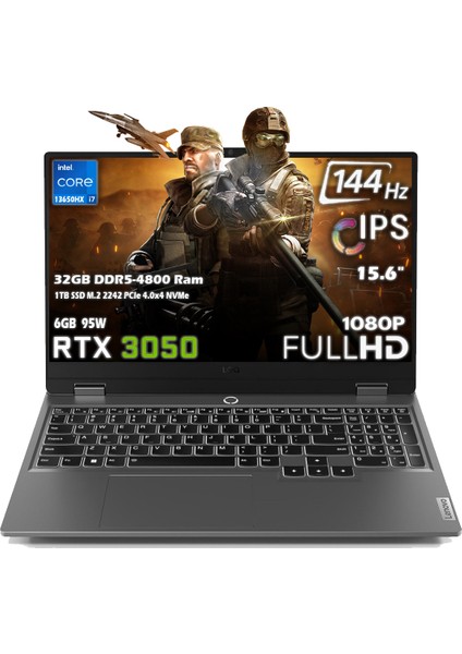 LOQ 15IRX9 Intel Core i7 13650HX 32GB 1TB SSD RTX 3050 6GB (95W) 15.6" FHD 144Hz IPS Panel Freedos Taşınabilir Bilgisayar 83DV011BTR
