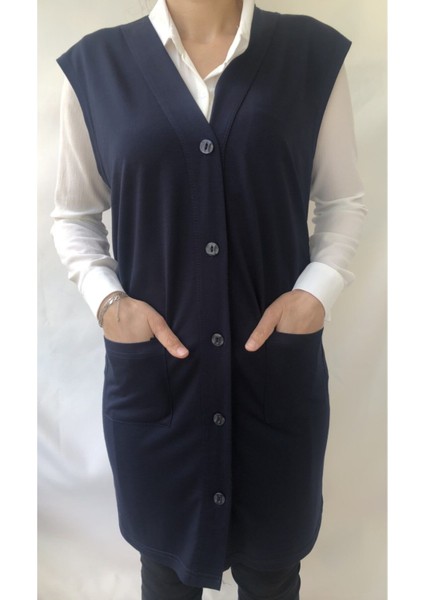 Kadın Vizon Büyük Beden Uzun Düğmeli Yelek