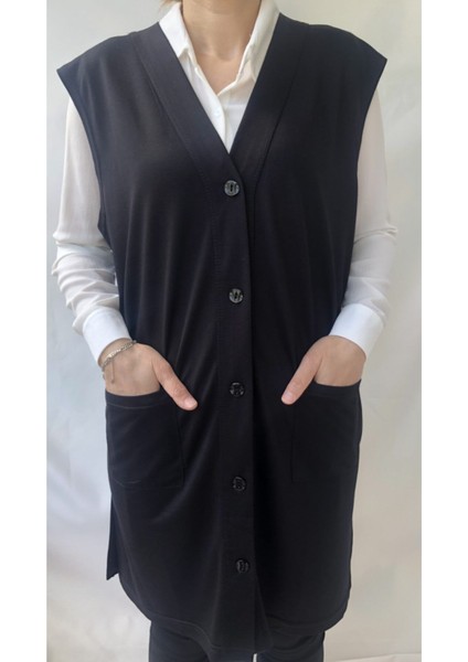 Kadın Vizon Büyük Beden Uzun Düğmeli Yelek