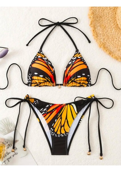 Şık Esnek Kelebek Baskılı 2’li Bikini Seti, Boyundan Bağlamalı Üçgen Sütyen Bağcıklı Kilot