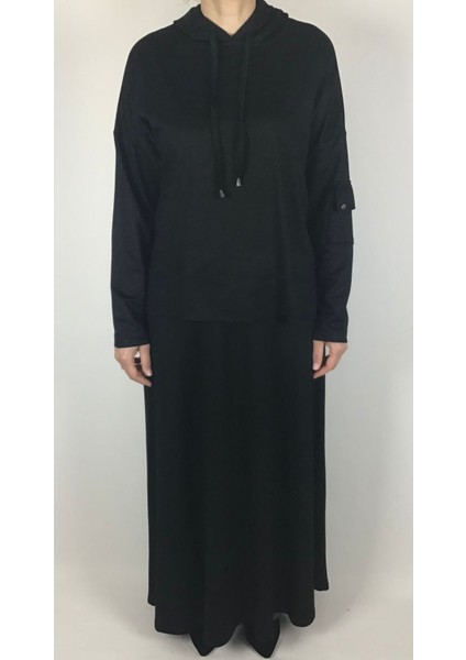 Kadın Kristal Iki Iplik Tunik Arkadı Uzun Önü Kısa Kapşonlu Etek Beli Lastikli Etek Volanlı Takım