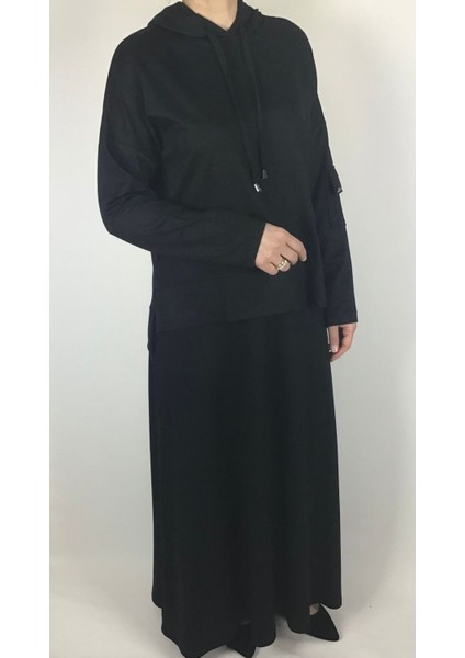 Kadın Kristal Iki Iplik Tunik Arkadı Uzun Önü Kısa Kapşonlu Etek Beli Lastikli Etek Volanlı Takım modelleri