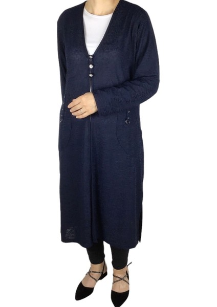 Kadın Önü Üç Düğmeli Cepli Jakarlı Yazlık Uzun Hırka modelleri