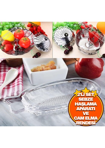 2'li Set Buharda Sebze Haşlama Aparatı ve Cam Elma Rendesi | Ek Gıda Bebekler Için Haşlama Sepeti
