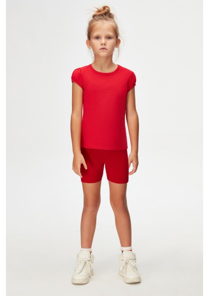 Açık Kırmızı Basic Kız Çocuk Sıfır Yaka Karpuz Kol Tişört