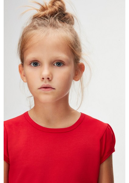 Açık Kırmızı Basic Kız Çocuk Sıfır Yaka Karpuz Kol Tişört modelleri