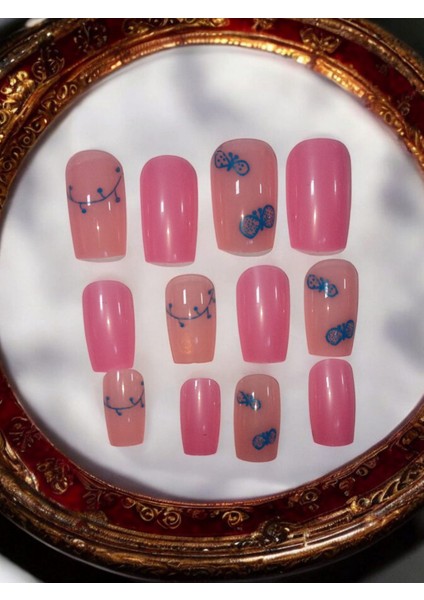 Desenli 12'li Takma Tırnak Pembe