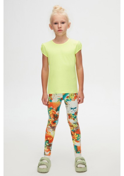 Neon Sarı Basic Kız Çocuk Sıfır Yaka Karpuz Kol Tişört