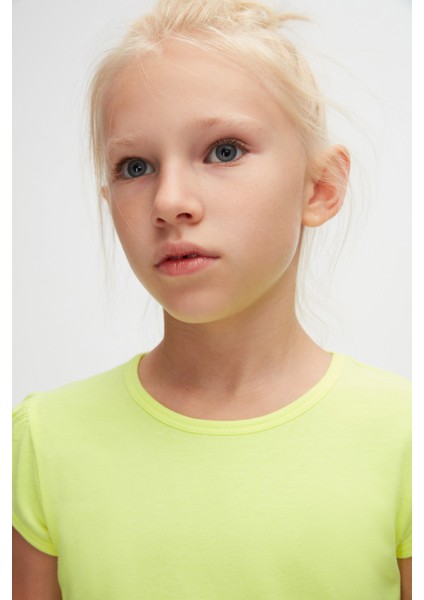 Neon Sarı Basic Kız Çocuk Sıfır Yaka Karpuz Kol Tişört modelleri