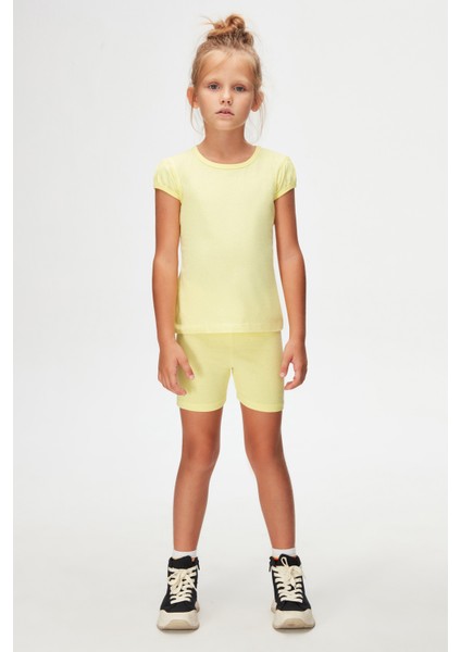 Açık Sarı Basic Kız Çocuk Sıfır Yaka Karpuz Kol Tişört