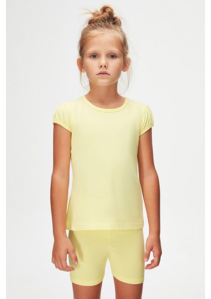 Açık Sarı Basic Kız Çocuk Sıfır Yaka Karpuz Kol Tişört fiyatları