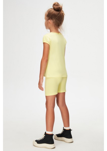 Açık Sarı Basic Kız Çocuk Sıfır Yaka Karpuz Kol Tişört fırsatları