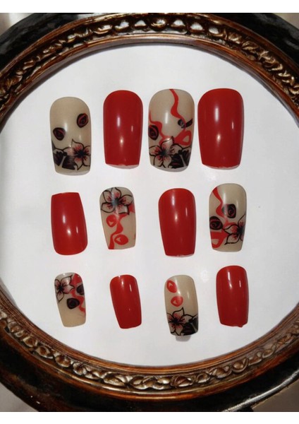 Kırmızı Çiçek Desenli 12'li Takma Tırnak