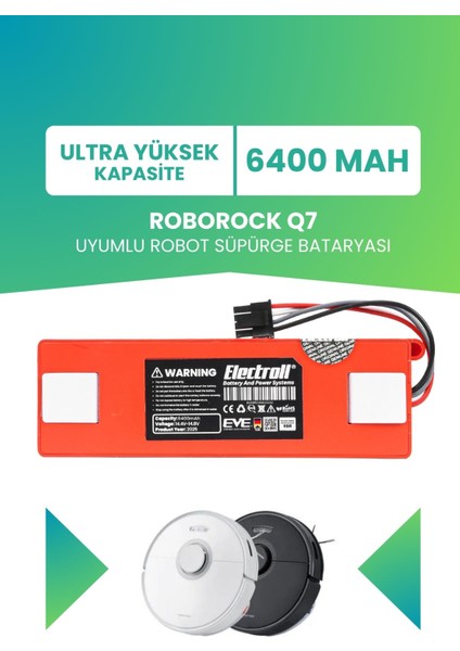 Roborock Q7 Uyumlu Batarya (Ultra Yüksek Kapasite) 6400MAH Kutulu Robot Süpürge Bataryası Değişimi