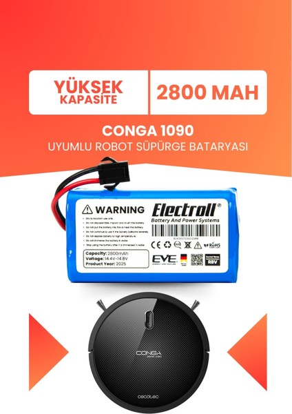 Conga 1090 Uyumlu Batarya (Yüksek Kapasite) 2800MAH Pil Akıllı Robot Süpürge Bataryası
