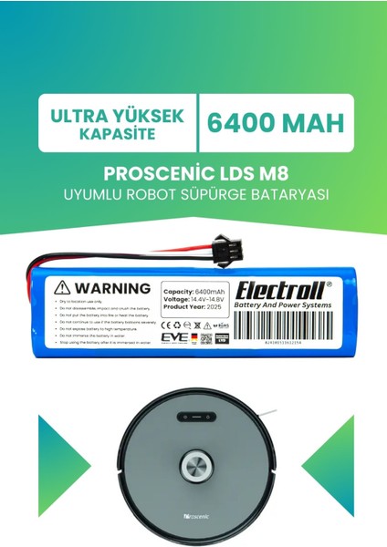 Proscenic Lds M8 Uyumlu Batarya (Ultra Yüksek Kapasite) 6400MAH Pil Robot Süpürge Bataryası Değişimi