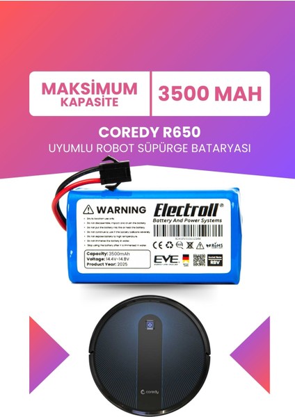 Coredy R650 Uyumlu Batarya (Maksimum Kapasite) 3500MAH Pil Akıllı Robot Süpürge Bataryası