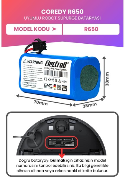 Coredy R650 Uyumlu Batarya (Maksimum Kapasite) 3500MAH Pil Akıllı Robot Süpürge Bataryası fiyatları