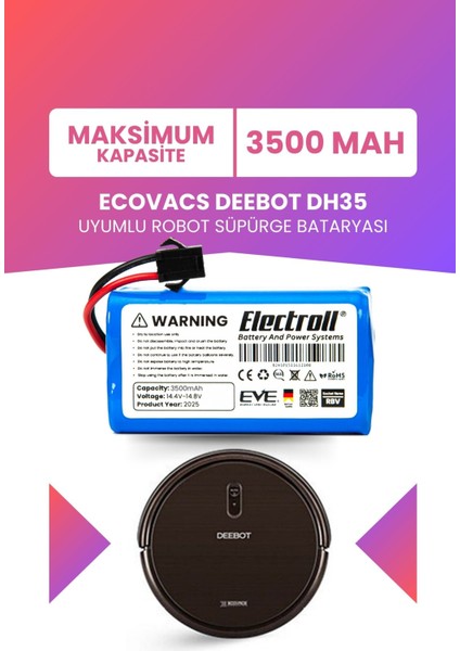 Ecovacs Deebot DH35 Uyumlu Batarya (Maksimum Kapasite) 3500MAH Pil Robot Süpürge Bataryası