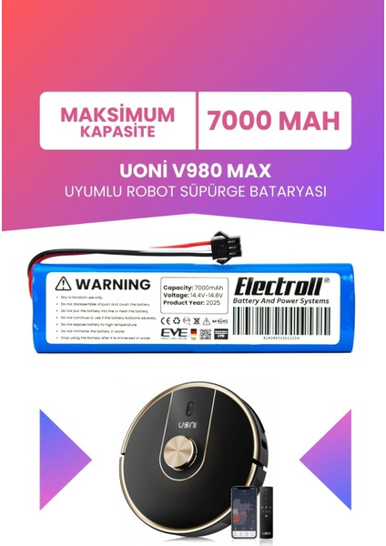 Uoni V980 Max Uyumlu Batarya (Maksimum Kapasite) 7000MAH Pil Robot Süpürge Bataryası Değişimi