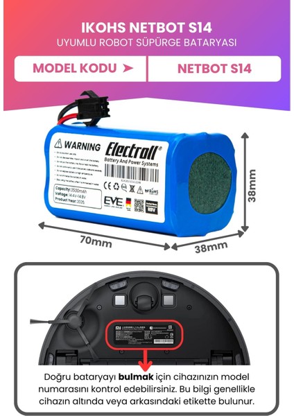 Ikohs Netbot S14 Uyumlu Batarya (Maksimum Kapasite) 3500MAH Pil Robot Süpürge Bataryası
