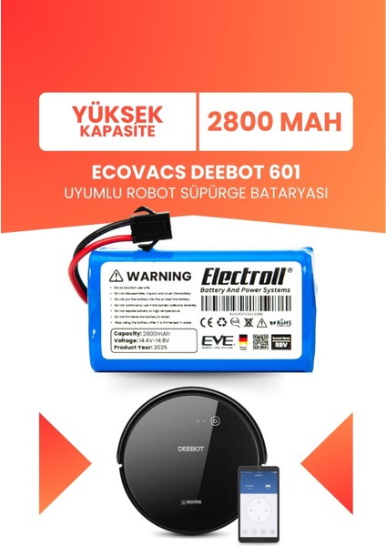 Ecovacs Deebot 601 Uyumlu Batarya (Yüksek Kapasite) 2800MAH Pil Robot Süpürge Bataryası