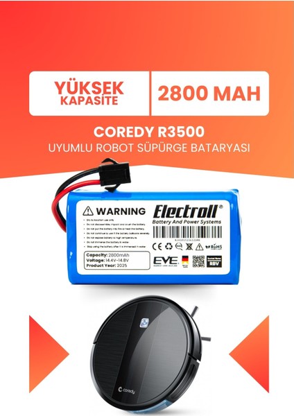 Coredy R3500 Uyumlu Batarya (Yüksek Kapasite) 2800MAH Pil Akıllı Robot Süpürge Bataryası