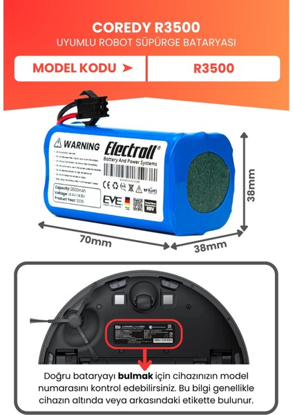 Coredy R3500 Uyumlu Batarya (Yüksek Kapasite) 2800MAH Pil Akıllı Robot Süpürge Bataryası