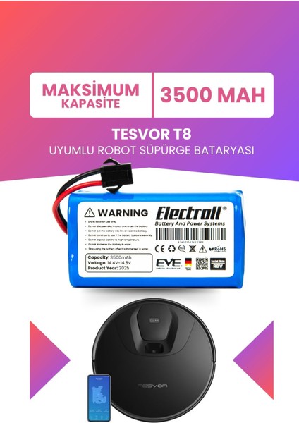 Tesvor T8 Uyumlu Batarya (Maksimum Kapasite) 3500MAH Pil Robot Süpürge Bataryası