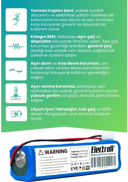 Trident Pro Max Uyumlu Batarya (Ultra Yüksek Kapasite) 6400MAH Pil Robot Süpürge Bataryası Değişimi modelleri