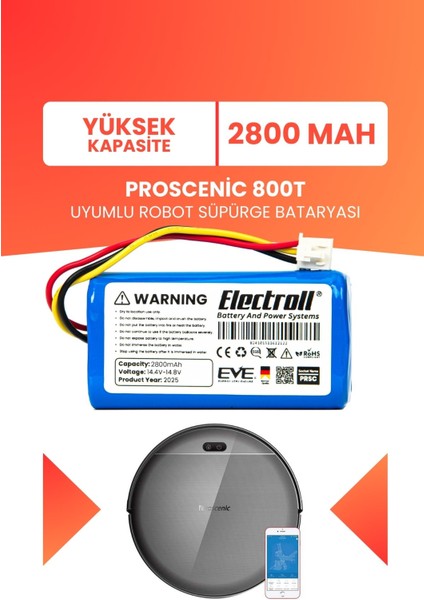 Proscenic 800T Uyumlu Batarya (Yüksek Kapasite) 2800MAH Pil Robot Süpürge Bataryası Değişimi