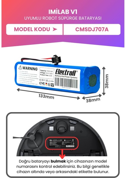 Imilab V1 Uyumlu Batarya (Maksimum Kapasite) 7000MAH Pil Robot Süpürge Bataryası Değişimi CMSDJ707A