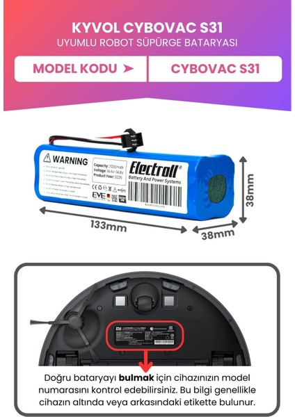 Kyvol Cybovac S31 Uyumlu Batarya (Maksimum Kapasite) 7000MAH Pil Robot Süpürge Bataryası Değişimi fiyatları