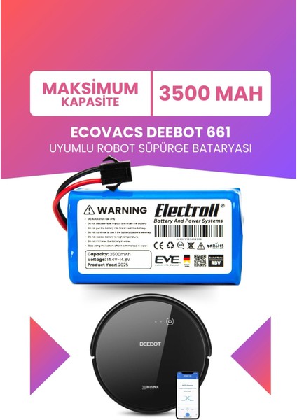 Ecovacs Deebot 661 Uyumlu Batarya (Maksimum Kapasite) 3500MAH Pil Robot Süpürge Bataryası
