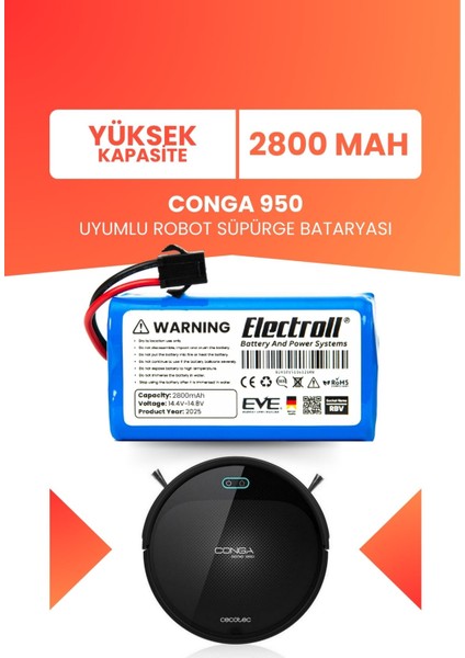 Conga 950 Uyumlu Batarya (Yüksek Kapasite) 2800MAH Pil Akıllı Robot Süpürge Bataryası
