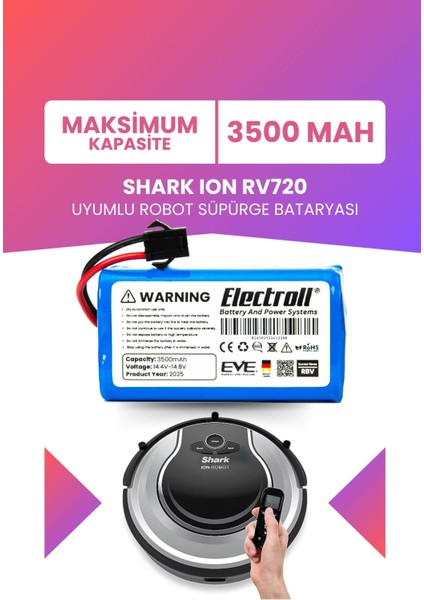 Shark Ion RV720 Uyumlu Batarya (Maksimum Kapasite) 3500MAH Pil Robot Süpürge Bataryası