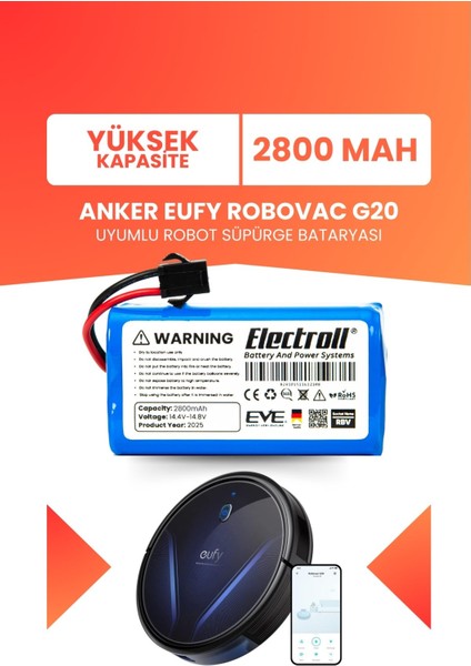 Eufy Robovac G20 Uyumlu Batarya (Yüksek Kapasite) 2800MAH Pil Robot Süpürge Bataryası T2257
