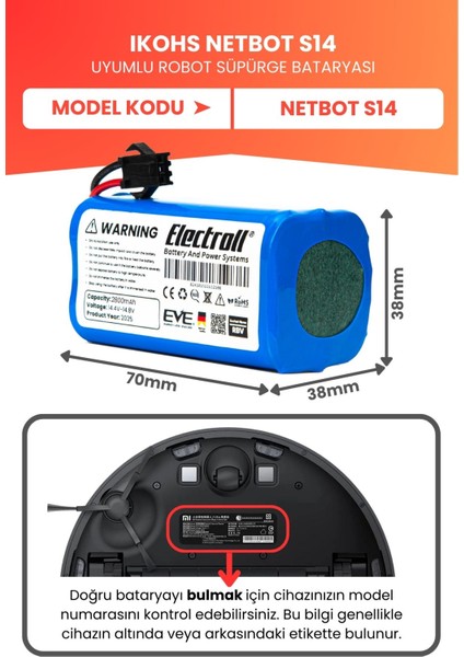 Ikohs Netbot S14 Uyumlu Batarya (Yüksek Kapasite) 2800MAH Pil Robot Süpürge Bataryası fiyatları