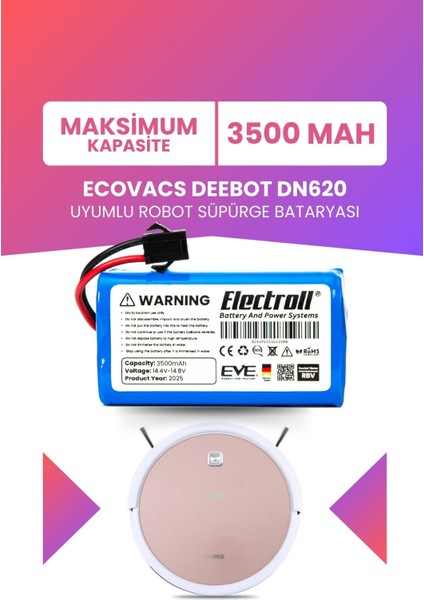Ecovacs Deebot DN620 Uyumlu Batarya (Maksimum Kapasite) 3500MAH Pil Robot Süpürge Bataryası
