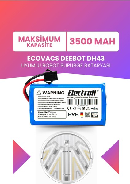 Ecovacs Deebot DH43 Uyumlu Batarya (Maksimum Kapasite) 3500MAH Pil Robot Süpürge Bataryası