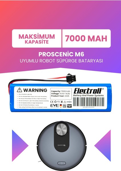 Proscenic M6 Uyumlu Batarya (Maksimum Kapasite) 7000MAH Pil Robot Süpürge Bataryası Değişimi