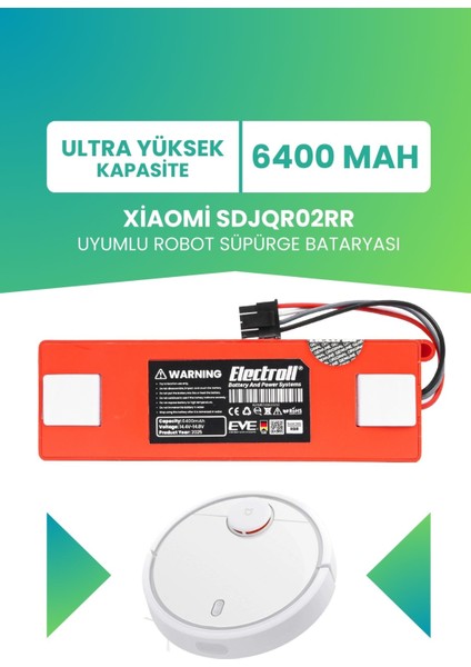 Xiaomi SDJQR02RR Uyumlu Batarya (Ultra Yüksek Kapasite) 6400MAH Kutulu Robot Süpürge Batarya Değişim