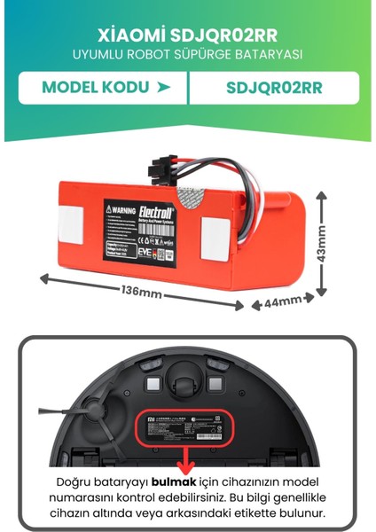 Xiaomi SDJQR02RR Uyumlu Batarya (Ultra Yüksek Kapasite) 6400MAH Kutulu Robot Süpürge Batarya Değişim