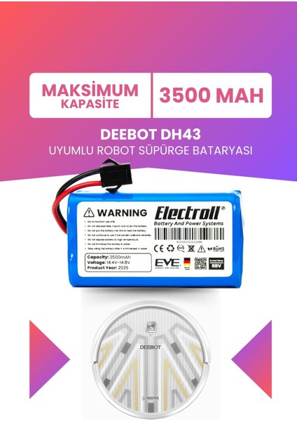 Deebot DH43 Uyumlu Batarya (Maksimum Kapasite) 3500MAH Pil Akıllı Robot Süpürge Bataryası